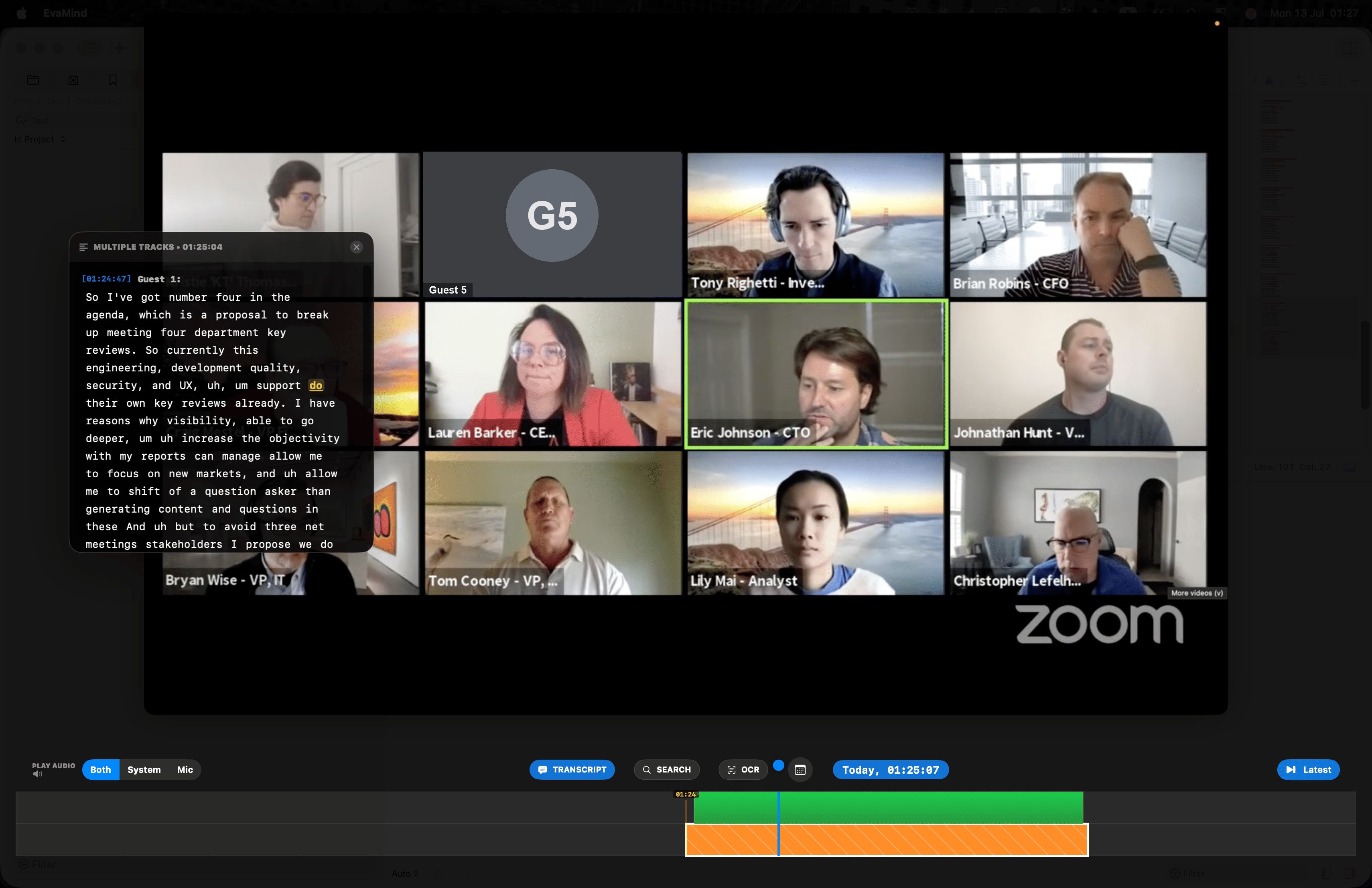 EvaMind transcript overlay and rewind timeline in use