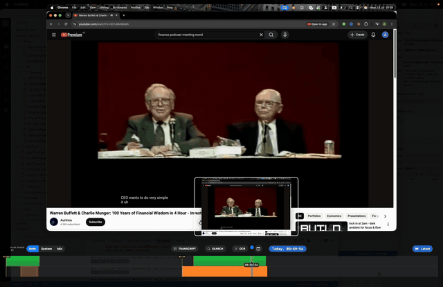 Dragging the EvaMind timeline back through a recorded video with the transcript following along